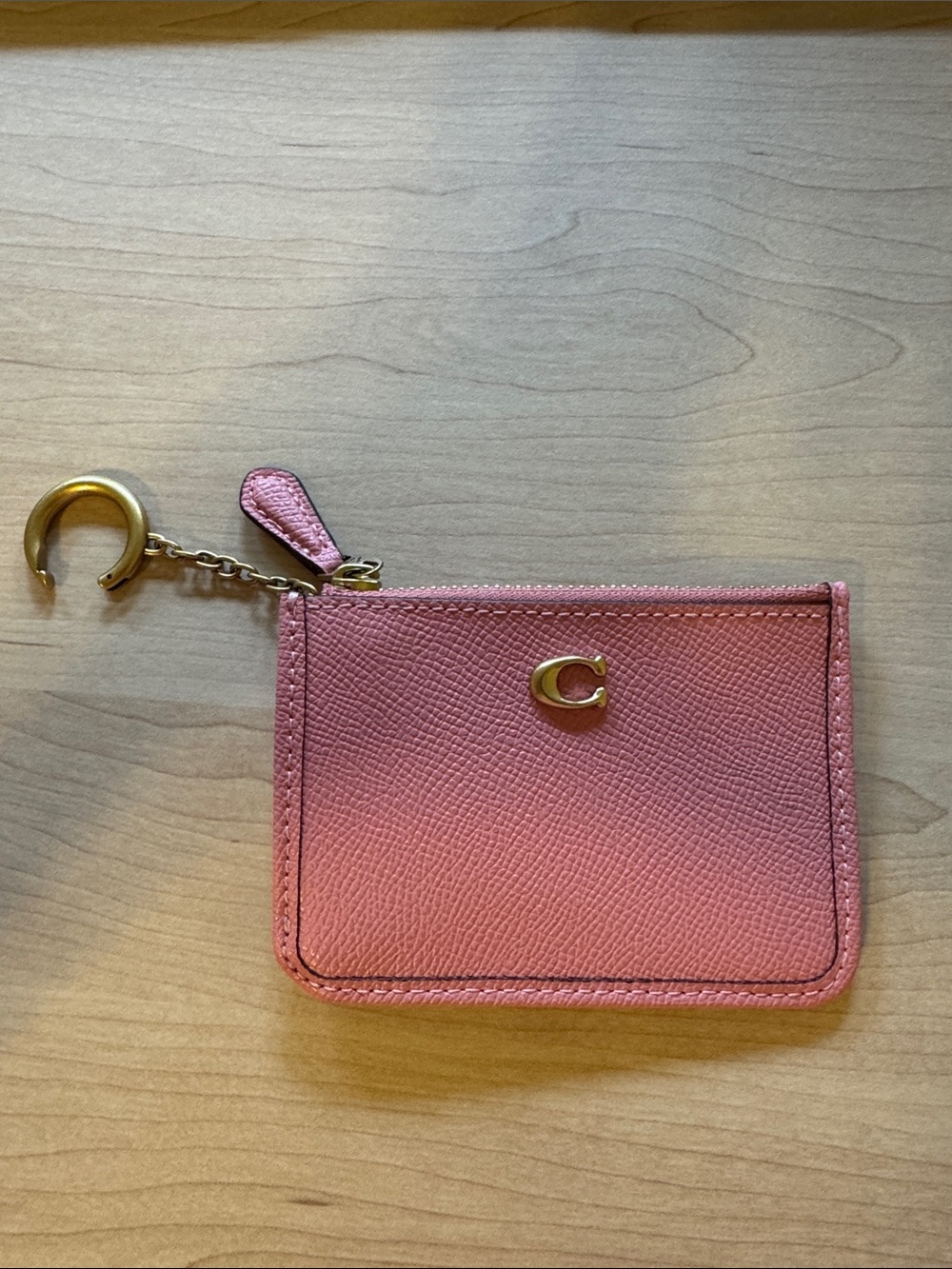 Coach Pink Leather Zip Card Holder with Gold Keyring